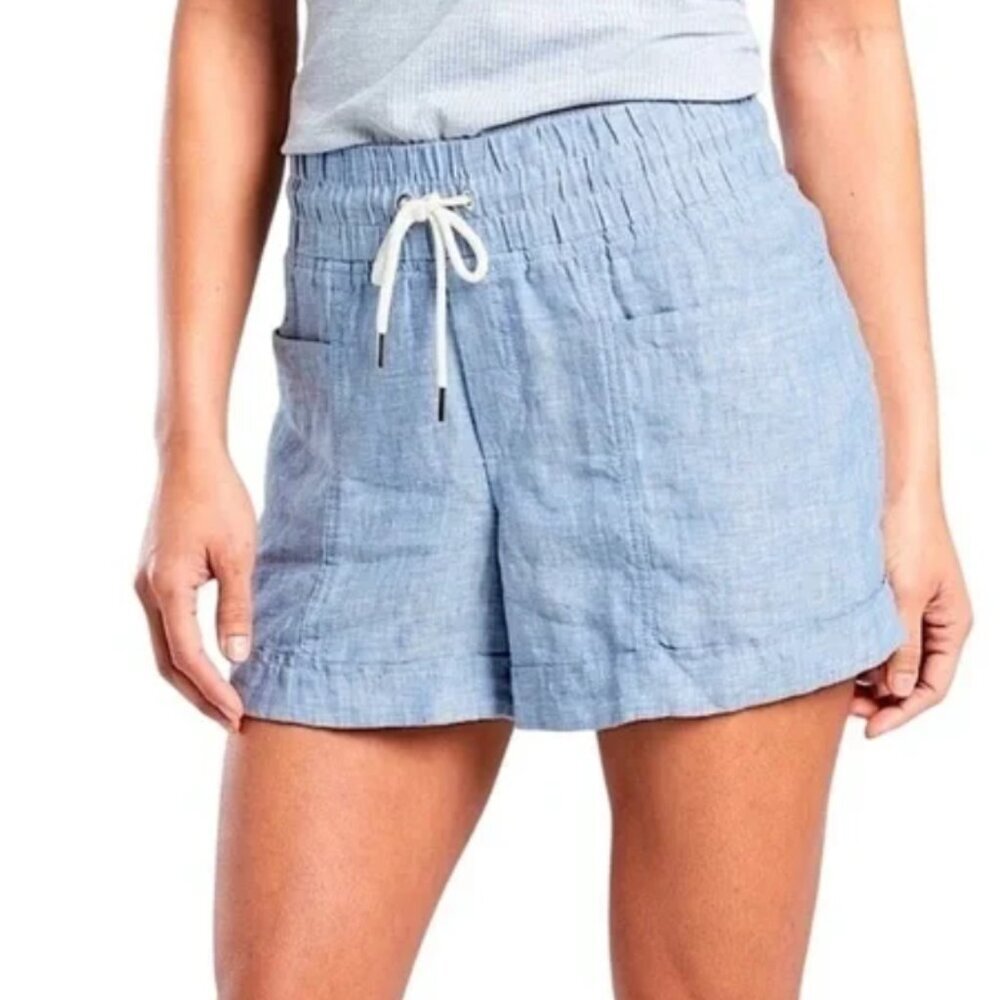 Athleta Cabo 4” Linen Shorts Women’s Size 0 Blue Pull On Tie Waist Pockets Light